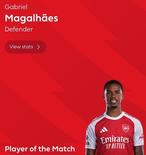 世界杯高清直播平台-定海神针，加布里埃尔当选布莱顿vs阿森纳全场最佳球员